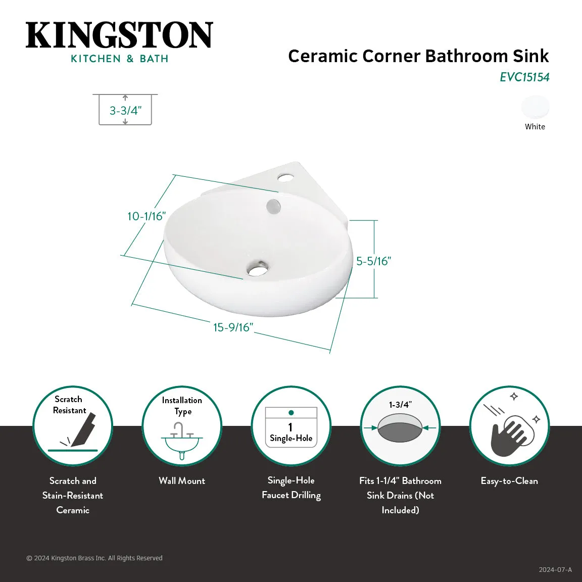 Minim EVC15154 15-9/16 Inch Ceramic Corner Bathroom Sink (Single Hole), White