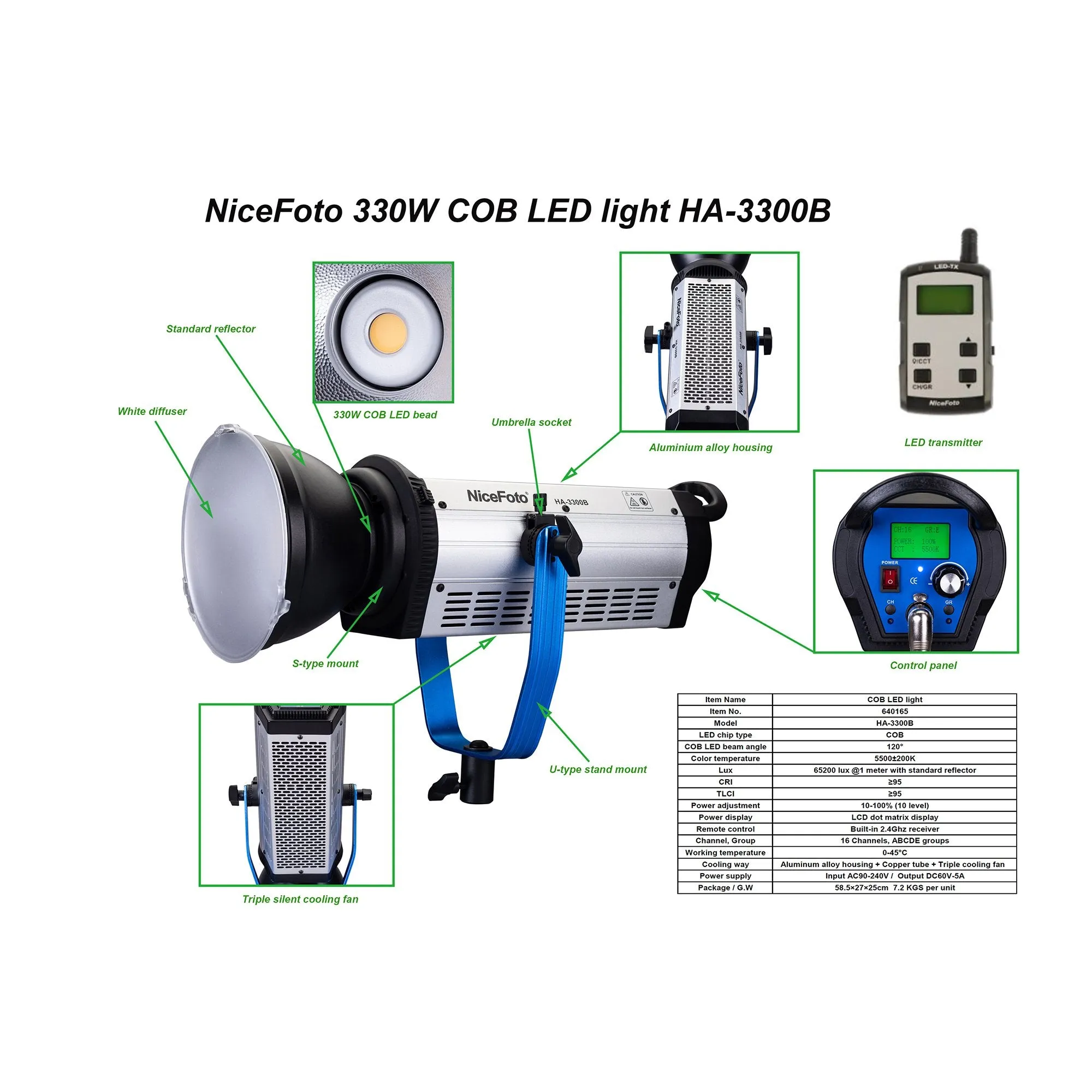 Nicefoto HA-3300B 330W 5500K Daylight COB LED Video Studio Light (Bowens Mount)
