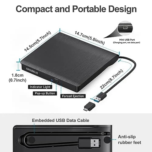 ORIGBELIE External CD/DVD Drive for Laptop, USB 3.0 CD Burner  /-RW CD ROM External DVD Drive Portable DVD Player for Laptop Desktop PC Apple Mac Windows 11/10/8/7/XP Linux OS