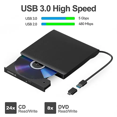 ORIGBELIE External CD/DVD Drive for Laptop, USB 3.0 CD Burner  /-RW CD ROM External DVD Drive Portable DVD Player for Laptop Desktop PC Apple Mac Windows 11/10/8/7/XP Linux OS