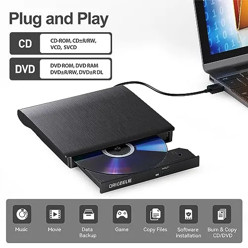 ORIGBELIE External CD/DVD Drive for Laptop, USB 3.0 CD Burner  /-RW CD ROM External DVD Drive Portable DVD Player for Laptop Desktop PC Apple Mac Windows 11/10/8/7/XP Linux OS