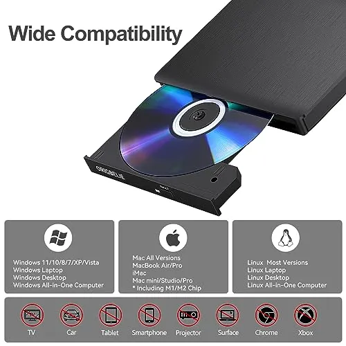 ORIGBELIE External CD/DVD Drive for Laptop, USB 3.0 CD Burner  /-RW CD ROM External DVD Drive Portable DVD Player for Laptop Desktop PC Apple Mac Windows 11/10/8/7/XP Linux OS