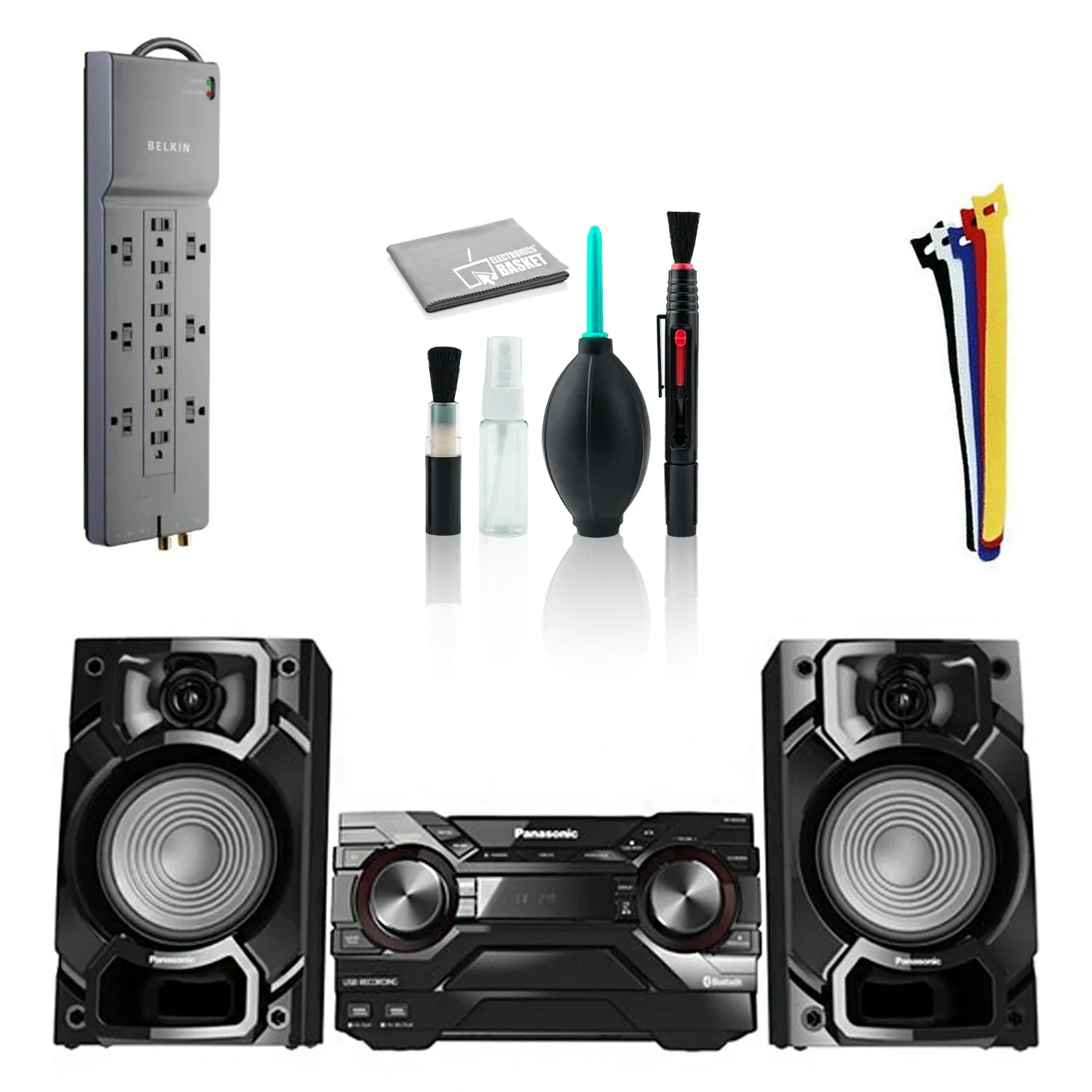 Panasonic SC-AKX220 450W Bluetooth Wireless - Cleaning Kit - Belkin 12-Outlets Surge Protector - 6 pack Velcro Straps