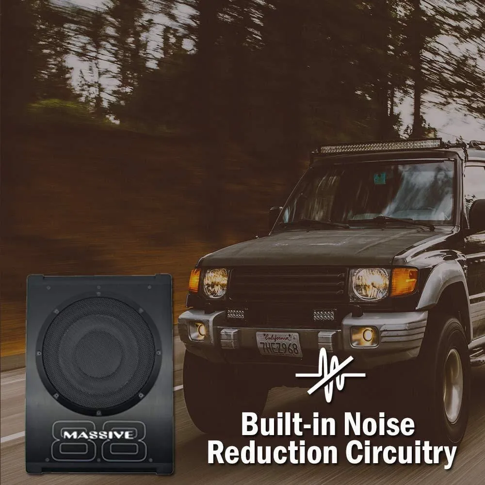 Powered Car Subwoofer by Massive Audio BOOM88 Car Woofer Under Seat Slim Hideaway - Low Profile Compact Underseat Woofer with Amazing Sound - Built in Amplifier, 8 Inch 400 Watt, Gain Remote Include