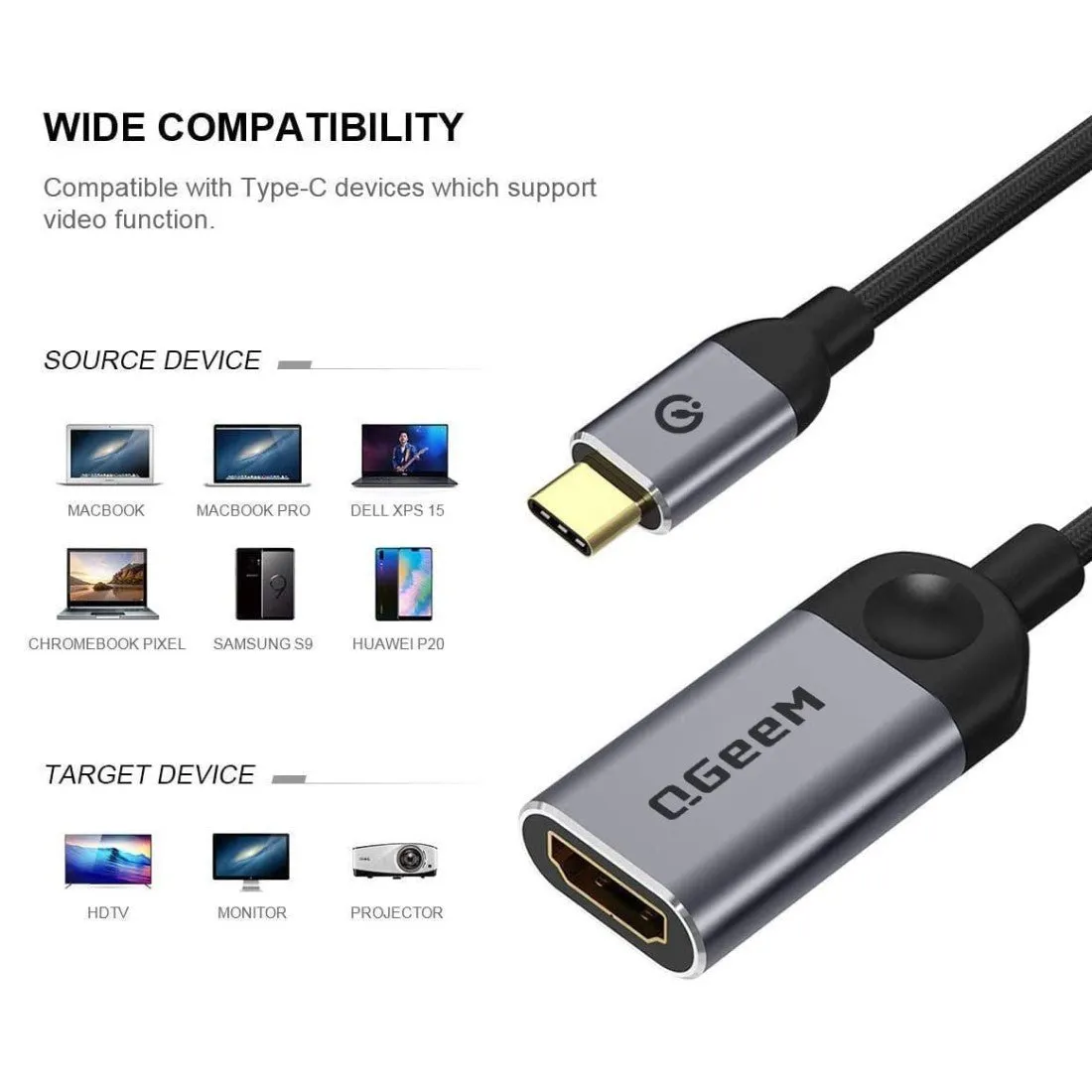 QGeeM USB C to HDMI Adapter 4K@30Hz Cable, USB Type-C to HDMI Adapter [Thunderbolt 3/4] HDMI Adapter for Laptop MacBook Pro/Air, iPhone15 Pro max, Dell XPS, HP.Pixelbook, Thinkpad,Surface,Ipad Pro etc.