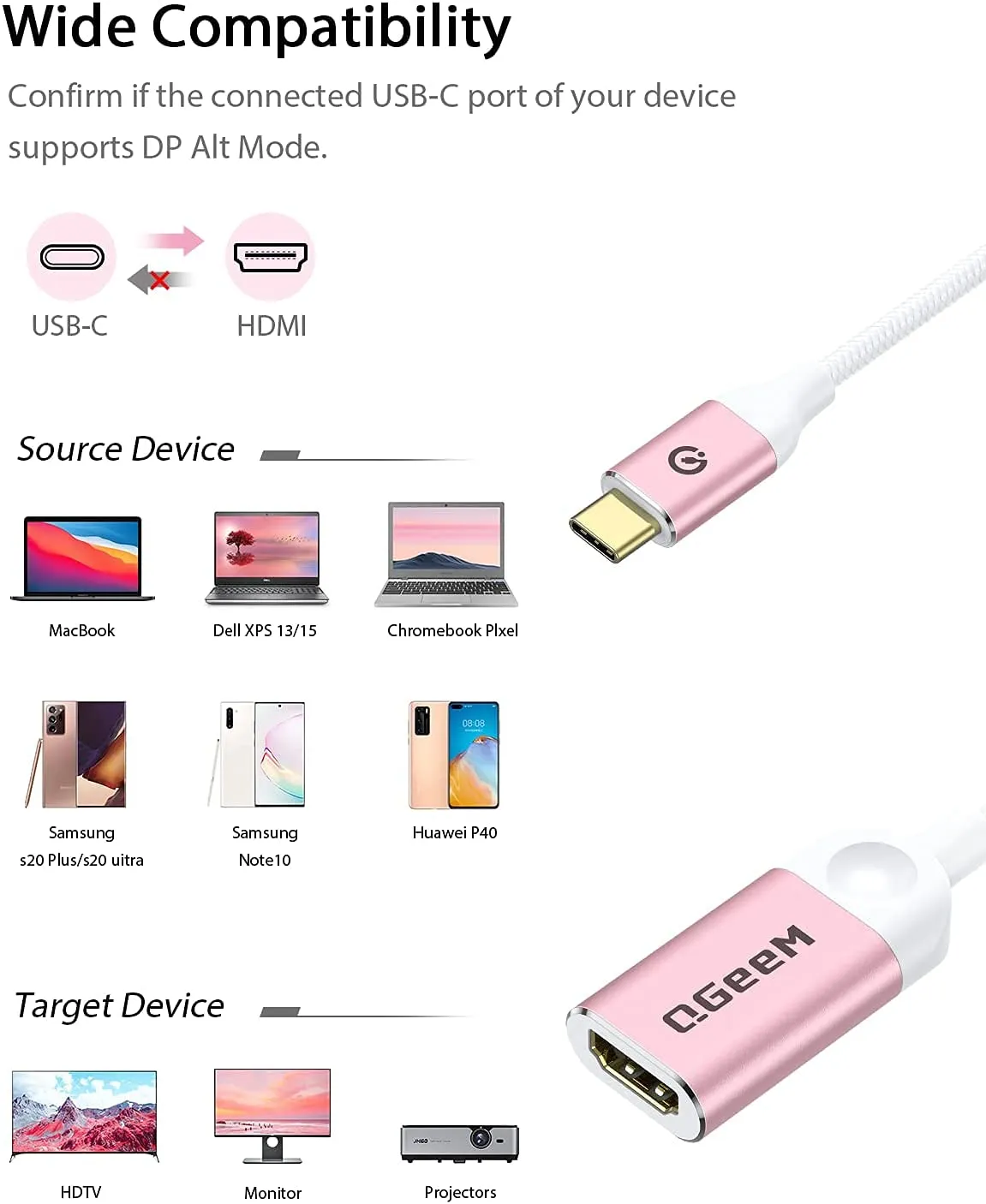 QGeeM USB C to HDMI Adapter 4K@30Hz Cable, USB Type-C to HDMI Adapter [Thunderbolt 3/4] HDMI Adapter for Laptop MacBook Pro/Air, iPhone15 Pro max, Dell XPS, HP.Pixelbook, Thinkpad,Surface,Ipad Pro etc.