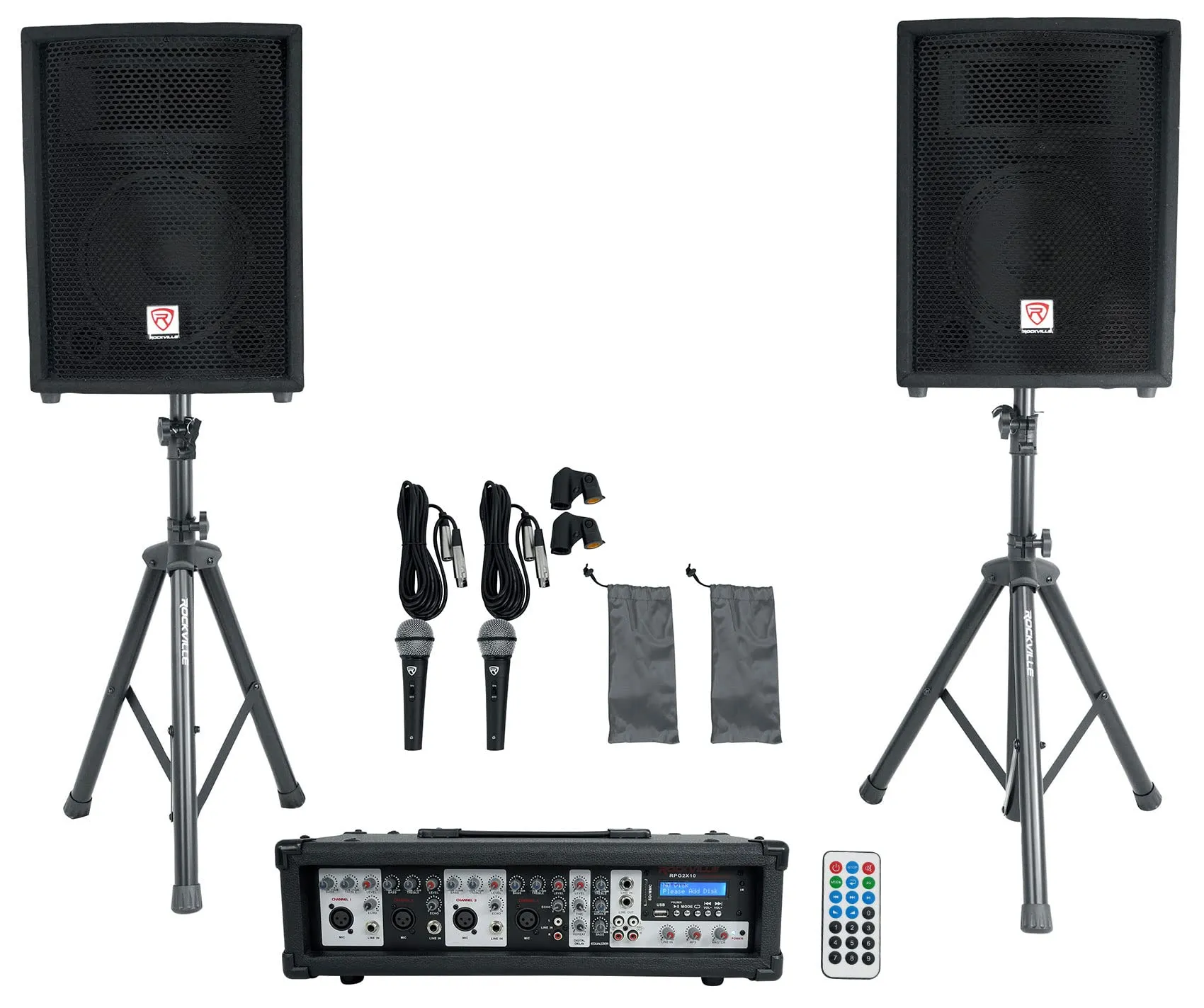 Rockville Package PA System Mixer/Amp 10" Speakers Stands Mics Bluetooth, (RPG2X10)