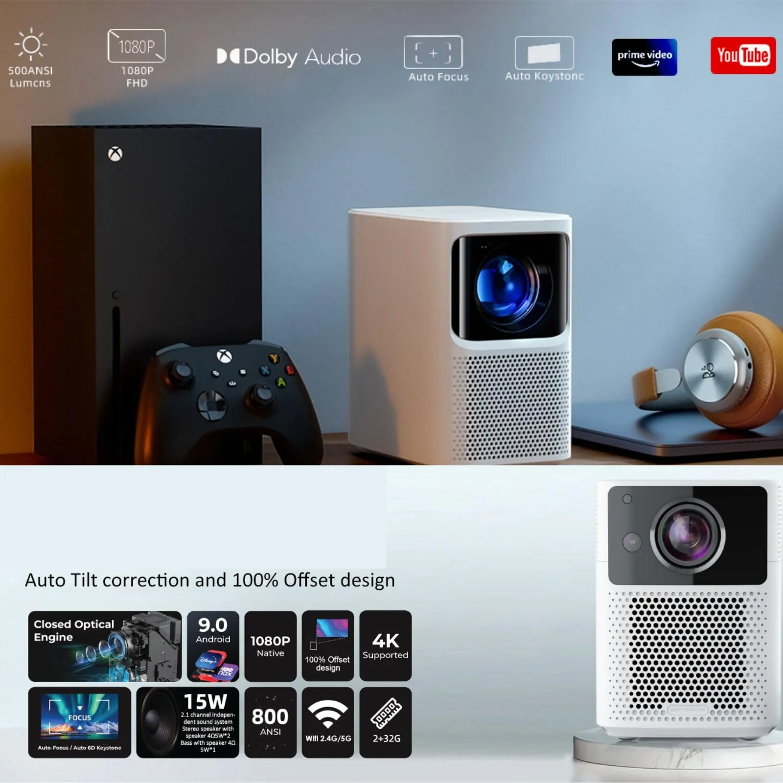 Smart Android Projector With 150 Inch Projector Screen 700ANSI Lumens Auto Focus & Auto Keystone