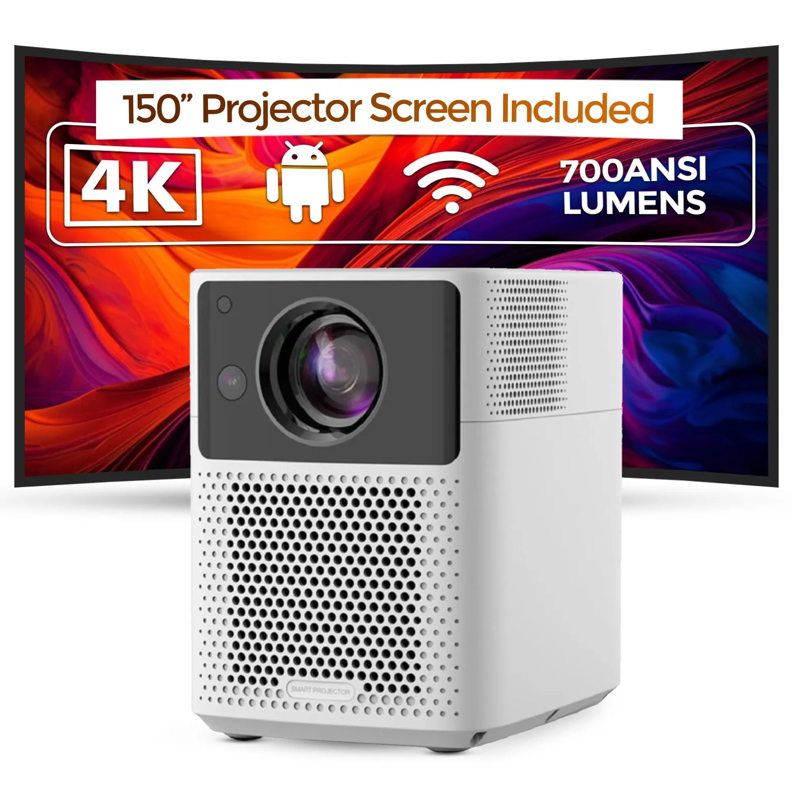 Smart Android Projector With 150 Inch Projector Screen 700ANSI Lumens Auto Focus & Auto Keystone
