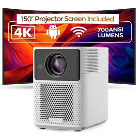 Smart Android Projector With 150 Inch Projector Screen 700ANSI Lumens Auto Focus & Auto Keystone