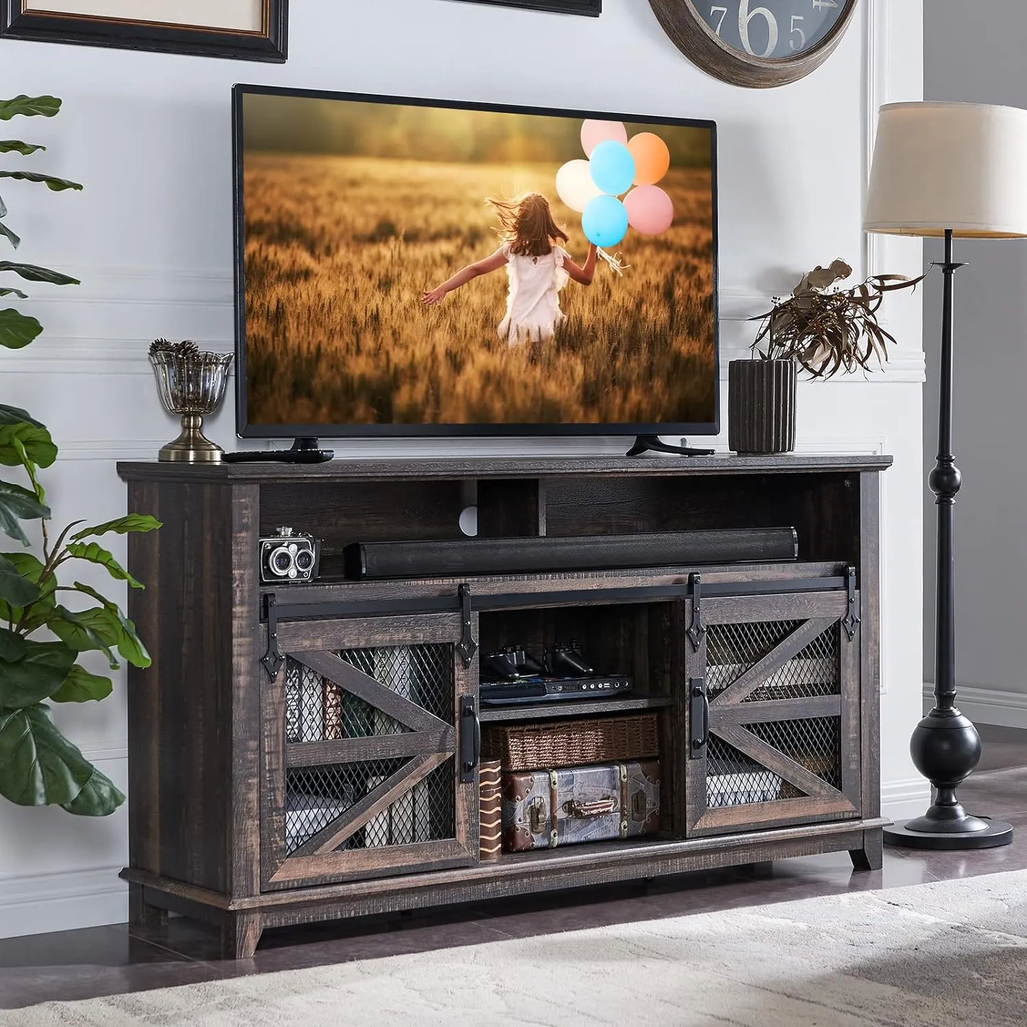TV Stand for 65  Inch TV w/Sliding Barn Door, Rustic TV Console Cabinet w/Adjustable Shelves