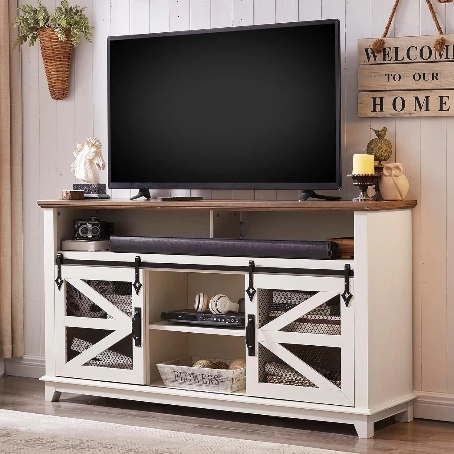 TV Stand for 65  Inch TV w/Sliding Barn Door, Rustic TV Console Cabinet w/Adjustable Shelves