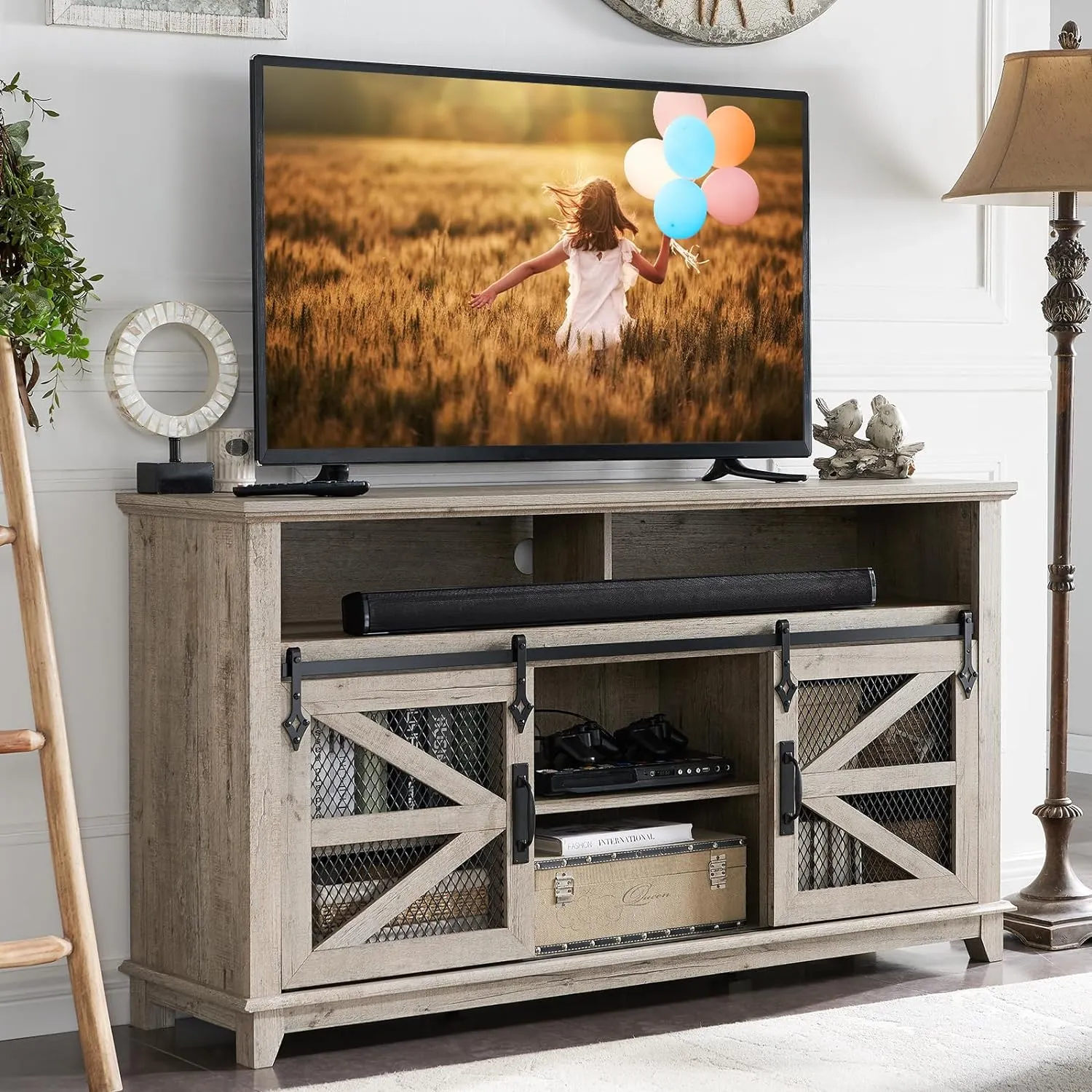TV Stand for 65  Inch TV w/Sliding Barn Door, Rustic TV Console Cabinet w/Adjustable Shelves
