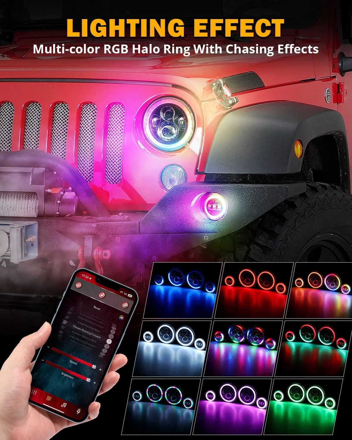 Upgraded RGB 7 Inch Headlights   4 Inch Fog Lights Combo for Jeep Wrangler JK with APP Control