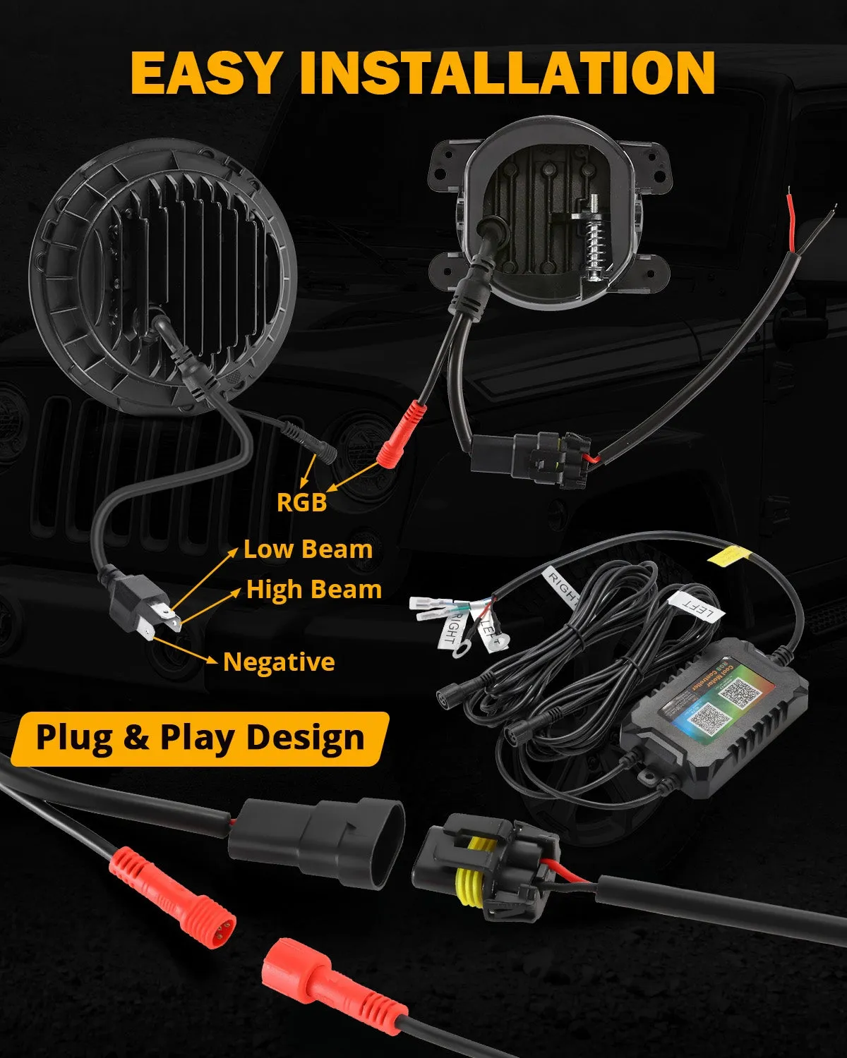 Upgraded RGB 7 Inch Headlights   4 Inch Fog Lights Combo for Jeep Wrangler JK with APP Control
