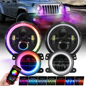 Upgraded RGB 7 Inch Headlights   4 Inch Fog Lights Combo for Jeep Wrangler JK with APP Control
