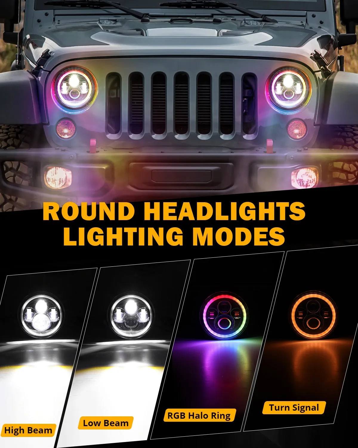 Upgraded RGB 7 Inch Headlights   4 Inch Fog Lights Combo for Jeep Wrangler JK with APP Control