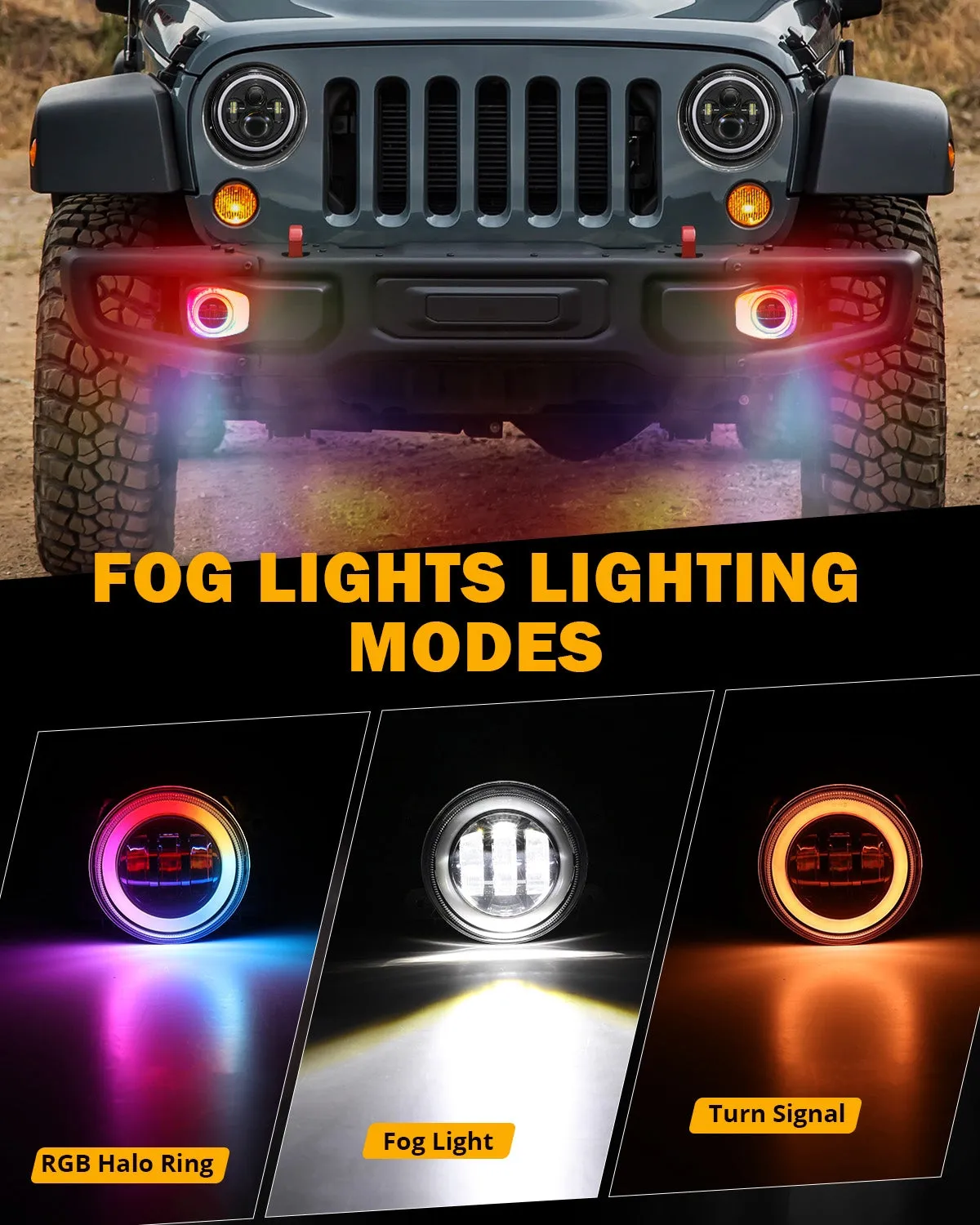 Upgraded RGB 7 Inch Headlights   4 Inch Fog Lights Combo for Jeep Wrangler JK with APP Control