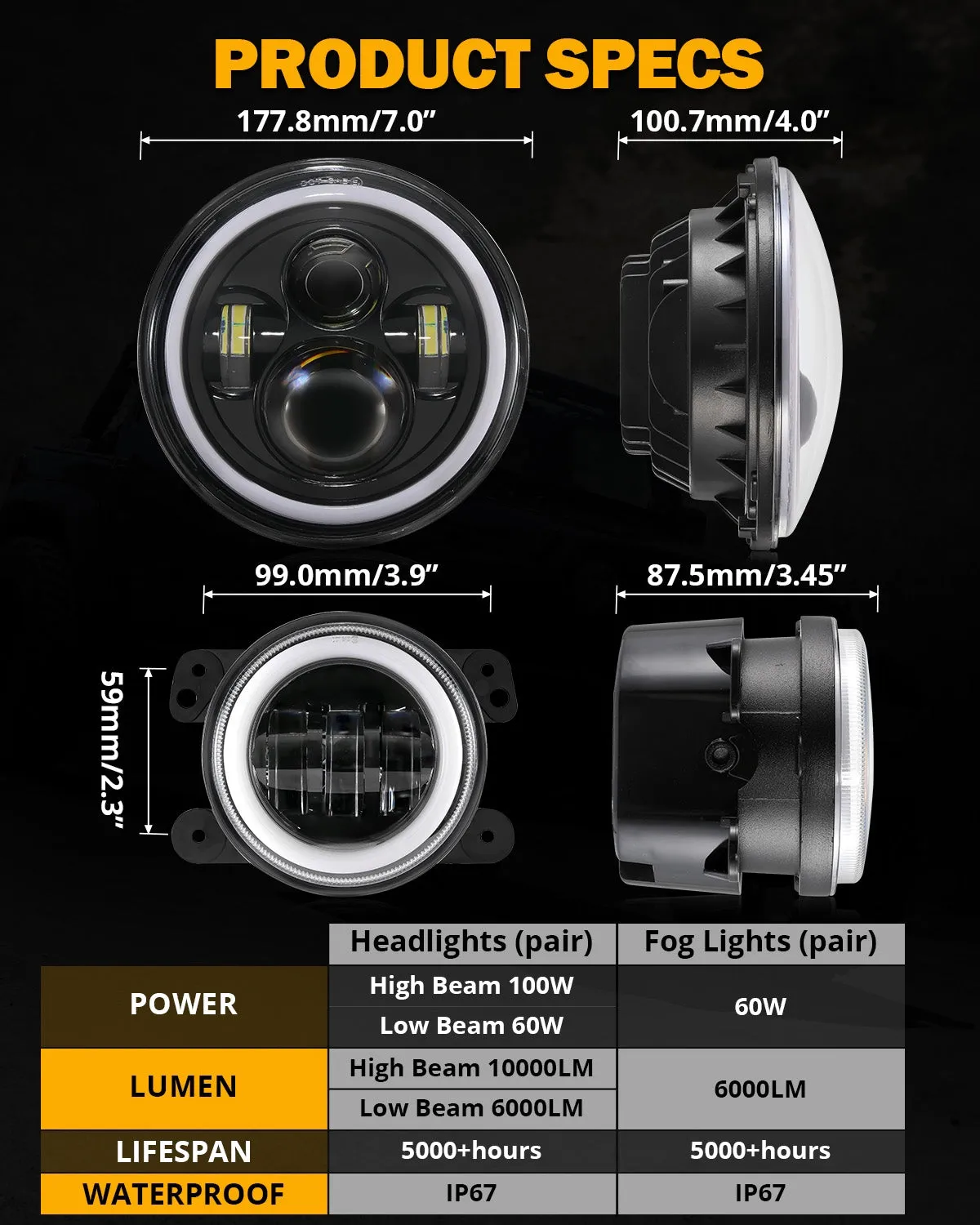 Upgraded RGB 7 Inch Headlights   4 Inch Fog Lights Combo for Jeep Wrangler JK with APP Control