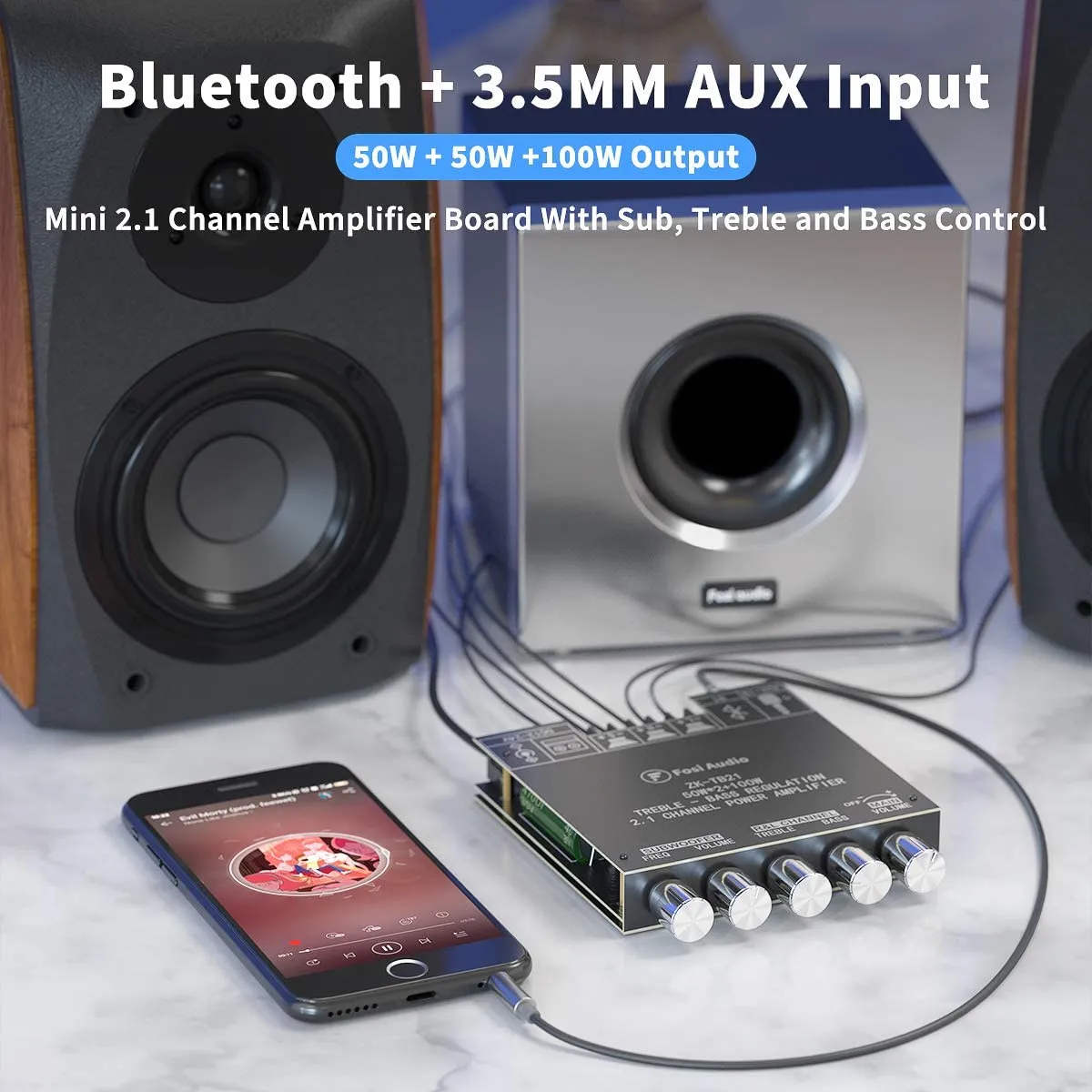 ZK-TB21 High Power 2.1 Channel Bluetooth Digital Amplifier Board 50WX2 100W