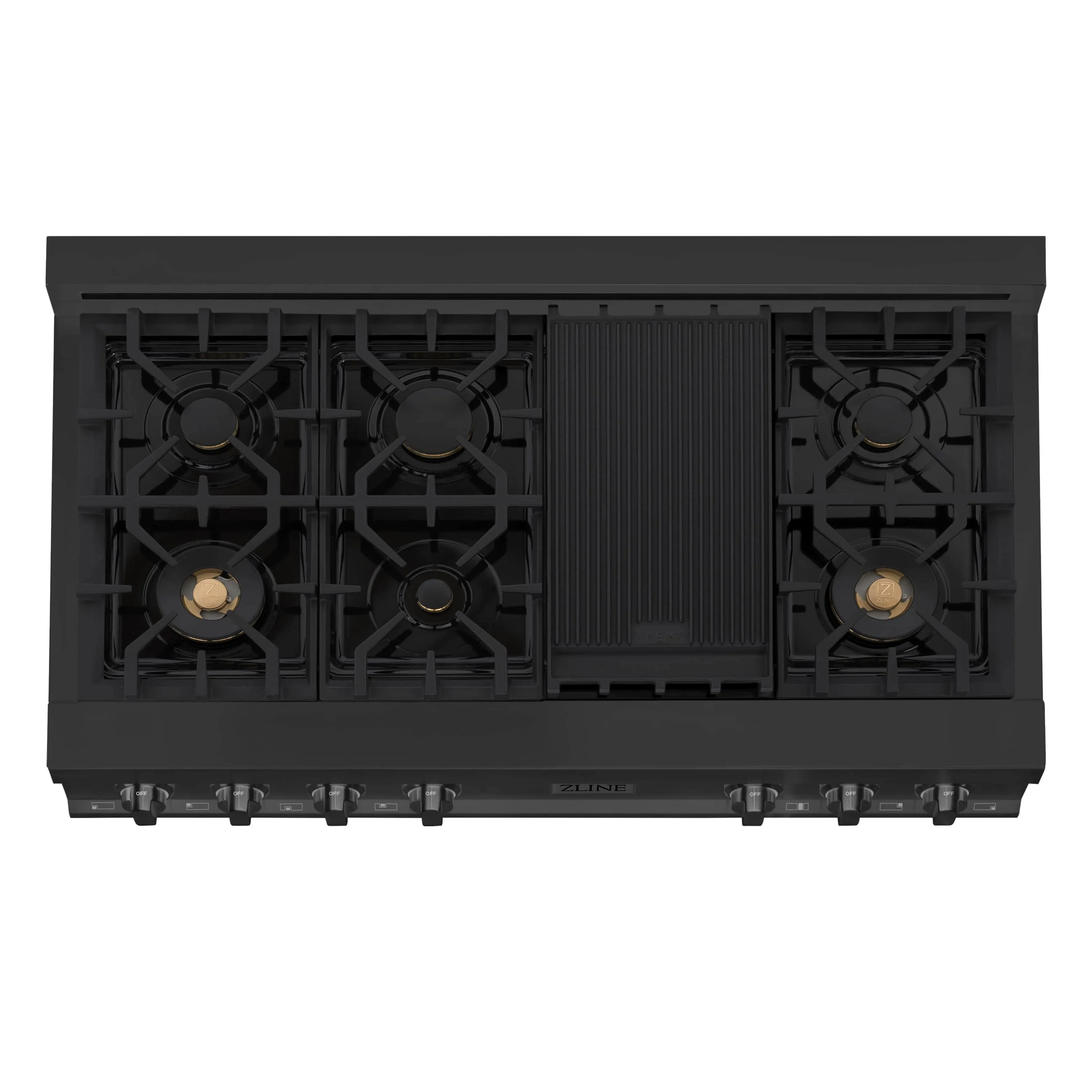 ZLINE 4-Piece Appliance Package - 48-Inch Rangetop with Brass Burners, Refrigerator, 30-Inch Electric Wall Oven, and Convertible Wall Mount Hood in Black Stainless Steel (4KPR-RTBRH48-AWS)