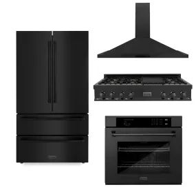ZLINE 4-Piece Appliance Package - 48-Inch Rangetop with Brass Burners, Refrigerator, 30-Inch Electric Wall Oven, and Convertible Wall Mount Hood in Black Stainless Steel (4KPR-RTBRH48-AWS)