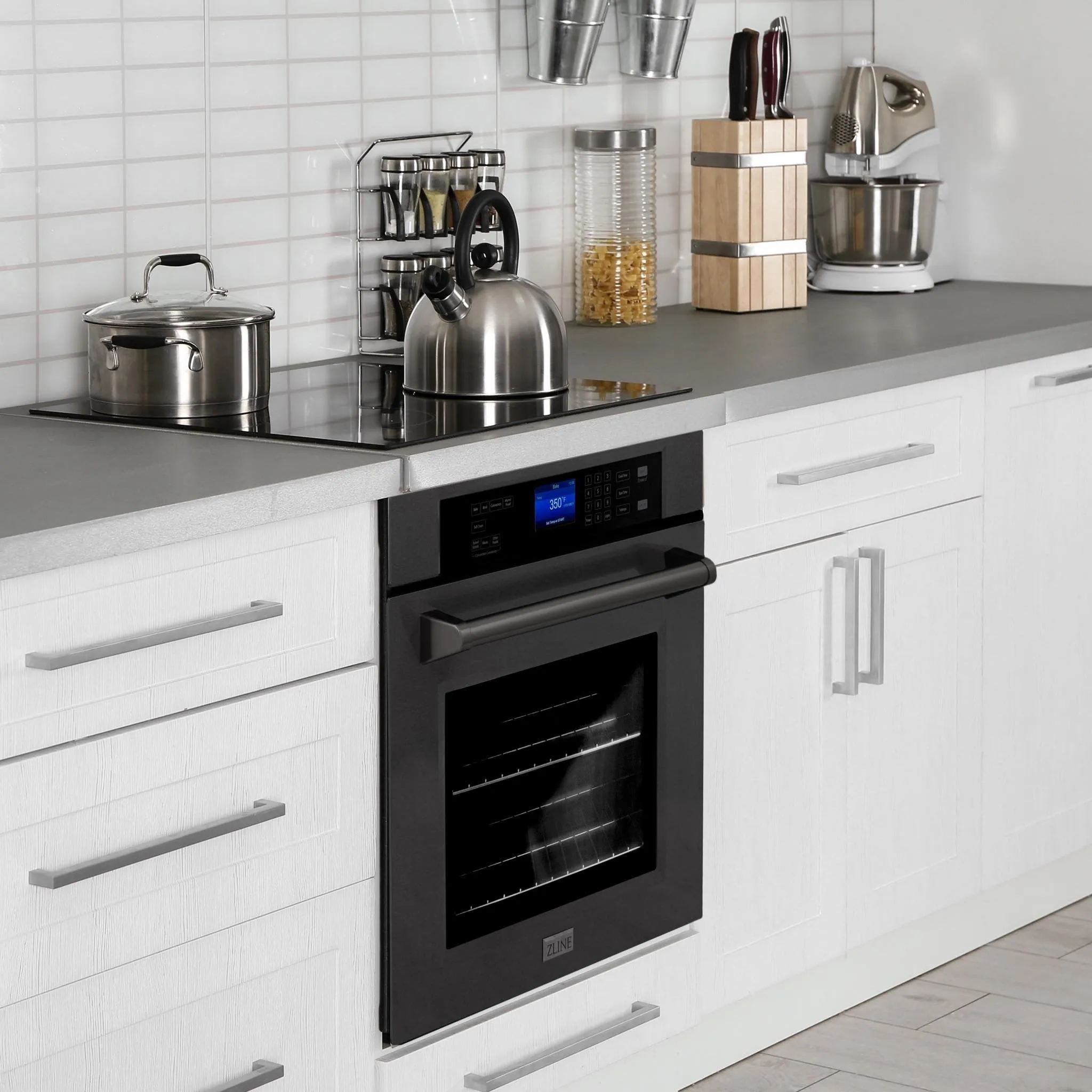 ZLINE 4-Piece Appliance Package - 48-Inch Rangetop with Brass Burners, Refrigerator, 30-Inch Electric Wall Oven, and Convertible Wall Mount Hood in Black Stainless Steel (4KPR-RTBRH48-AWS)